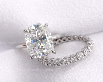 3 CT Elongated Cushion Cut Moissanite Engagement Ring Set 14K Solid Gold Anniversary Ring Set Full Eternity Round Cut Band Wedding Ring Set