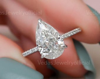 2.00ct Pear Moissanite Engagement Ring, Hidden Halo Teardrop Solitaire Bridal Ring, Perfect Proposal Gift for Her