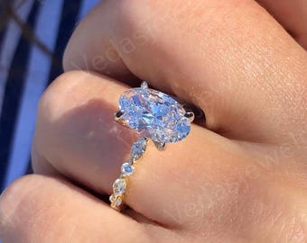 3 CT E Color VVS2 Clarity IGI Certified Lab Grown Oval Cut Diamond Hidden Halo Engagement Ring Side Round & Marquise Diamonds Yellow Gold