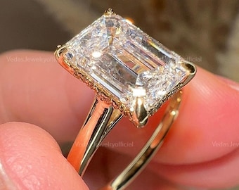3.15 CT Elongated Emerald Cut Moissanite Solitaire Ring, Handmade 14k Yellow Gold Wedding Ring, Perfect Proposal Gift for Engagement