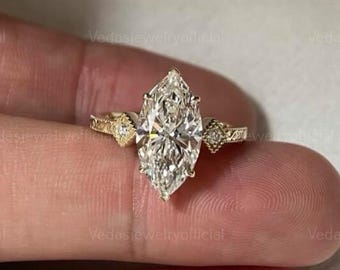 3ct Marquise Diamond Engagement Ring, Genuine Lab Grown Diamond, Unique Proposal Ring, Anniversary Gift for Her in Six Claw Setting