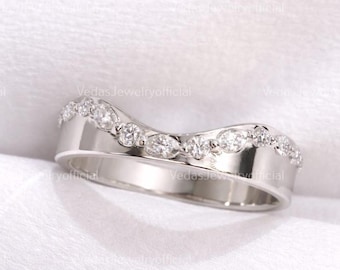 14k Solid Gold Moissanite Diamond Ring for Women Deep Curve, Thick Band Pave Stack, V-Shaped Nesting Chevron Ring Enhancer Ideal Bridal Ring