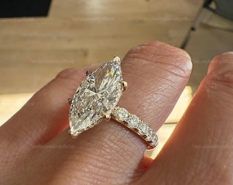 4 CT Lab Grown Diamond Ring, Marquise Cut with Hidden Halo and Pave Side Diamonds, Engagement Anniversary Gift for Her, IGI Certified