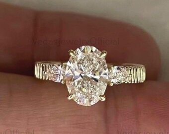 Oval Three Stone Ring Real Lab Grown Diamond Engagement Ring Oval Trilogy Ring for Anniversary Gift Side Pear Three Diamond Proposal Ring