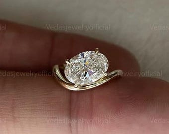Floating Solitaire Ring East West Oval Cut Lab Grown Diamond IGI Certified Engagement Curve Band Ring 14K Solid Gold Friendship Stacker Ring