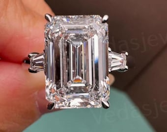 5 Carat Lab Grown Diamond Trilogy Ring, Emerald Cut VVS2 with Baguette Diamonds, Perfect for Engagement or Anniversary Gift