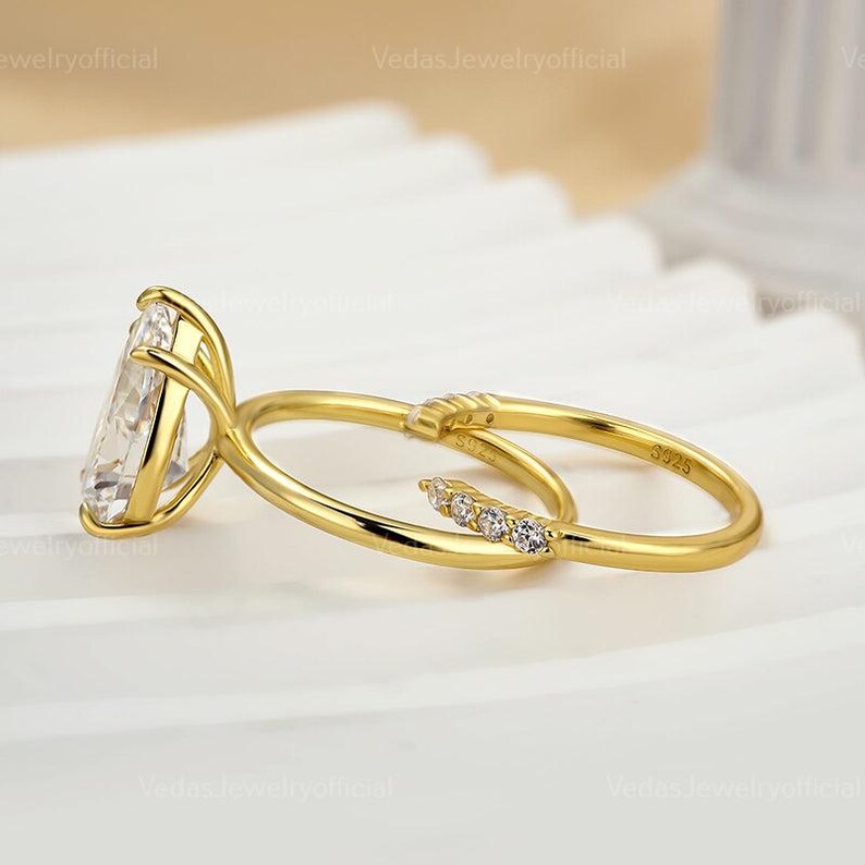 3CT Pear Shaped Moissanite Engagement Ring Set Womens Solid 14K Yellow ...