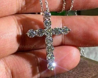 14k Solid Gold Diamond Cross Necklace: 2.00 CTW Lab Grown Diamond Pendant