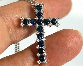 Blue Sapphire Cross Pendant Necklace: Lab-Grown Diamond, Sterling Silver