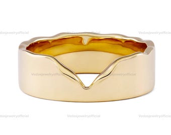 14k Gold Wedding Band, Comfort Fit Cutout V Shaped Cigar Stackable Notched Ring for Women, Perfect Bridal Gift