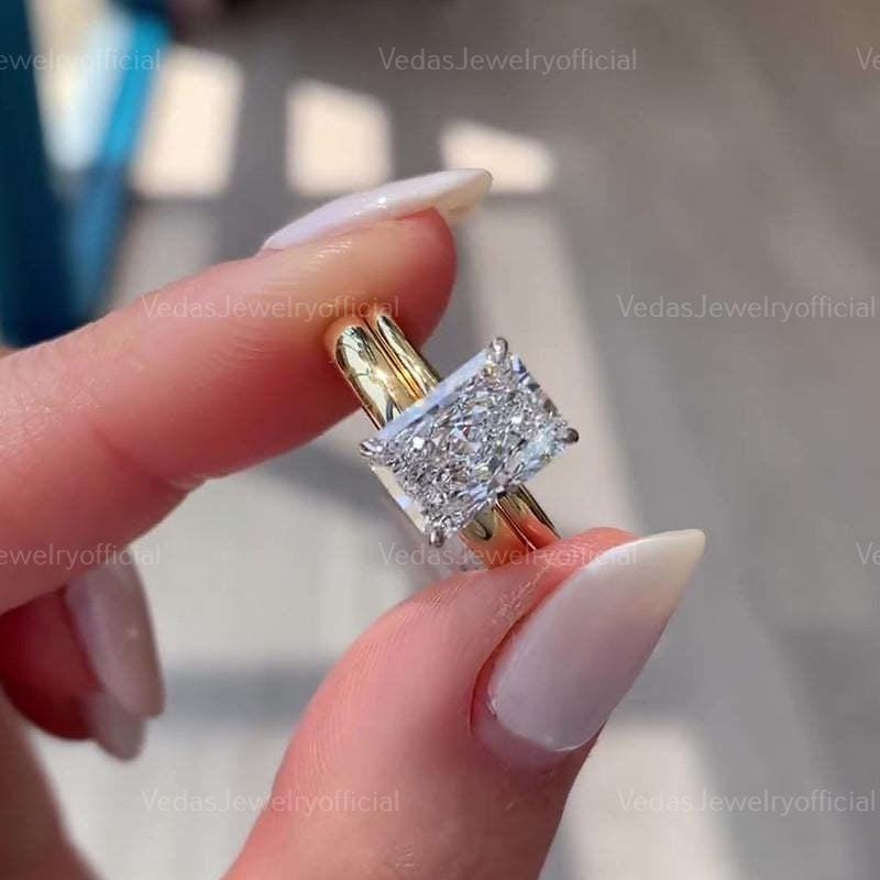 3 CT Radiant Cut Moissanite Delicate Halo Proposal Ring With Classic Wide Wedding Band Ring Set Vintage Style Bridal Ring Set Birthday Gift