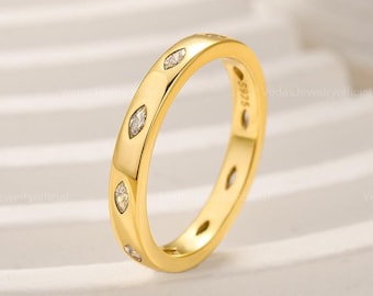 14k Gold Marquise Shape Full Eternity Flush Setting Diamond Wedding Ring, Marquise Diamond Stacking Ring, Statement Diamond Ring For Women