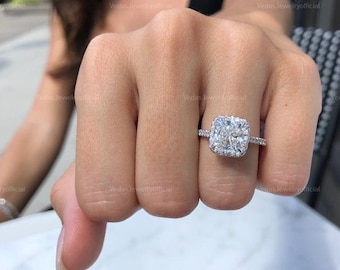 Cushion Cut Moissanite Halo Engagement Ring: White Gold Pave Eternity Band