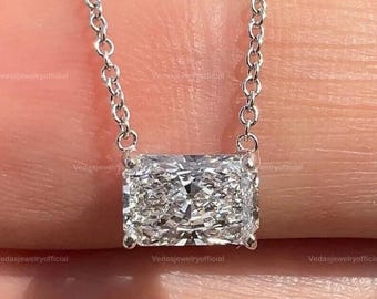 East West Radiant Solitaire Diamond Loop Pendant, 18K Yellow Gold Rectangle Lab Grown Diamond Necklace, Unique One Stone Necklace For Women