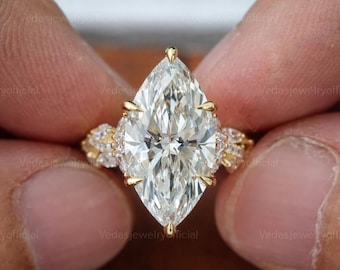 3.90CT IGI Certified Marquise Cut Lab Grown Diamond Engagement Ring 14K Yellow Gold Nature Inspired Leaf Design Bridal Jewelry Promise Gift