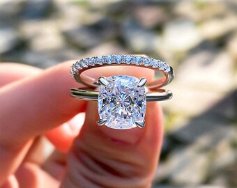2.50 Ct Cushion Cut Moissanite Wedding Ring Set Cushion Cut Engagement Ring Hidden Halo Anniversary Ring Set Anniversary Gift Promise Ring