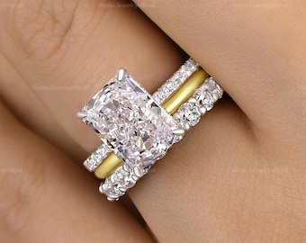 Radiant Cut Moissanite Bridal Ring Set in 14K Yellow Gold 4CT Radiant Engagement Ring Set, Half Eternity & Plain Gold Band, Trio Wedding Set