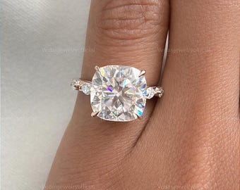 3 Ct Cushion Cut Moissanite Engagement Ring with Side Marquise and Round Diamonds, Hidden Halo, Wedding Ring, Proposal Gift for Women