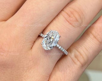 3.5 CT Classic Oval Cut Moissanite Engagement Diamond Ring Hidden Halo Anniversary Ring Fine Solitaire Ring Promise Ring Gift For Her