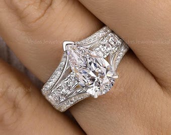 2.5 CT Moissanite Pear Cut Wedding Band Set, Vintage Halo Engagement Ring for Her, Unique Anniversary Gift