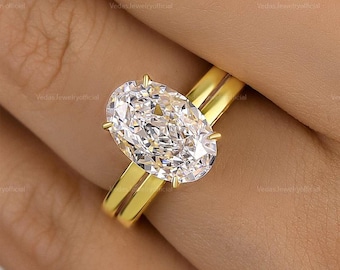 3CT Oval Moissanite Ring Set Womens Moissanite Engagement Ring Set, Bridal Set, Wedding Set,8x10mm Oval Solitaire Ring & Solid Gold Band Set