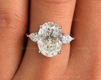 3CT Oval Cut Moissanite Ring, Petite Three Stone Engagement Ring, 14K Solid Gold Dainty Minimalist Jewelry, Pear Side Stone Promise Ring