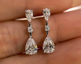 Pear Cut Moissanite Drop Earrings: 14K White Gold Wedding Jewelry