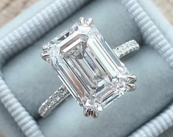 4CT Elongated Emerald Cut Moissanite Engagement Ring, Hidden Halo Solitaire Ring, Emerald Cut Diamond Wedding Ring, Anniversary Ring