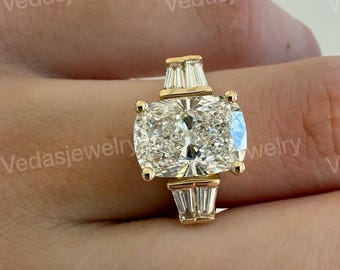 Lab Grown Diamond Engagement Ring: Elongated Cushion Cut with Baguettes, IGI Certified