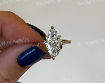 Marquise Engagement Ring, 2 Carat IGI Certified Lab Grown Diamond Solitaire with 6 Claw Prongs, Handmade Jewelry Gift for Her