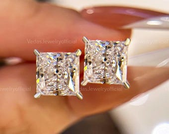 Princess Cut Moissanite Solitaire Stud Earring, 925 Starling Silver Minimalist Stud Earring, Push Back Earring, Anniversary Gift For Her