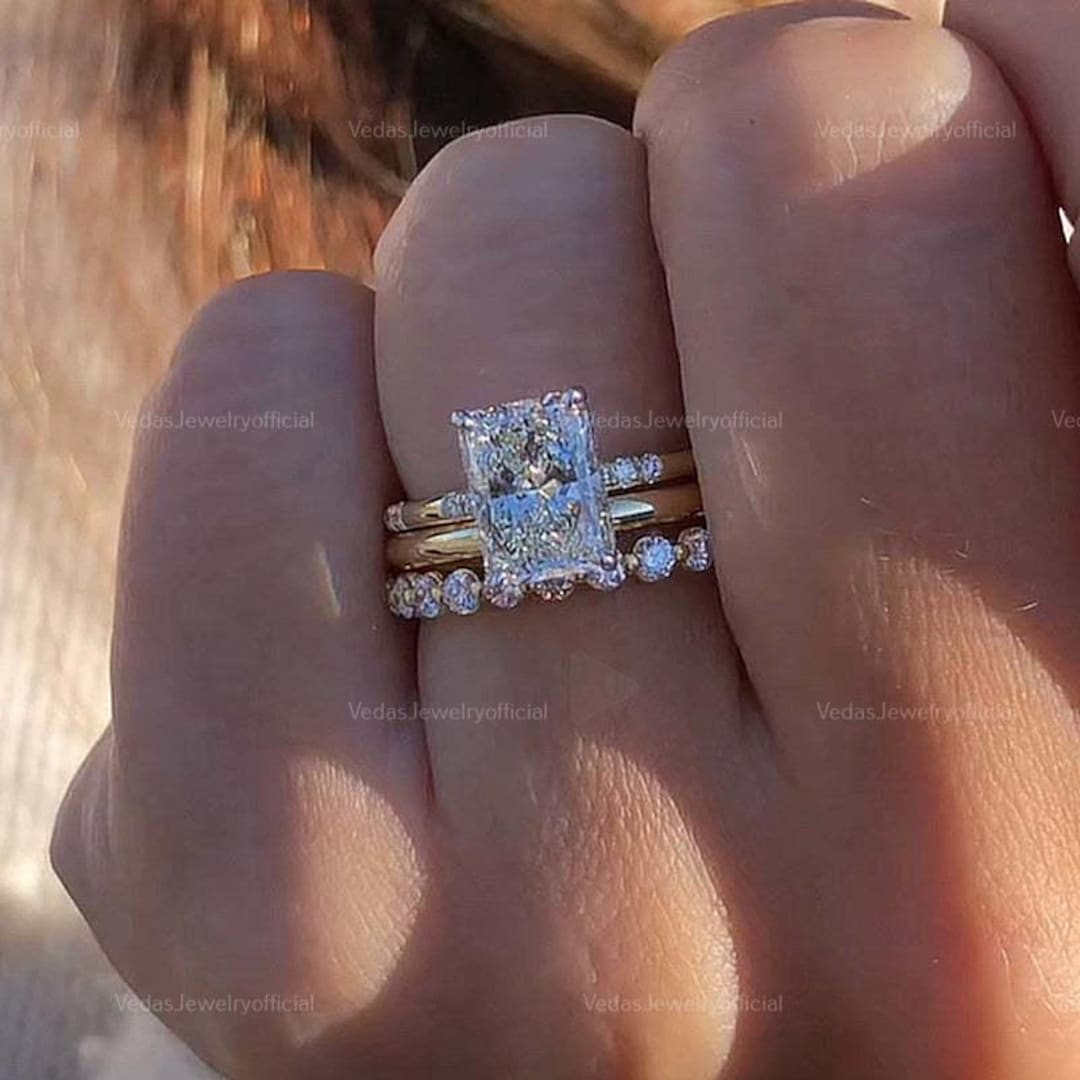 3 CT Radiant Cut Moissanite Trio Bridal Ring Set Engagement Ring Set ...