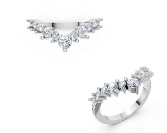 Round Diamond Tiara Wedding Band for Engagement Ring, V Shaped Chevron Band, Half Eternity Band, Lab Grown Diamond Matching Stackable Band