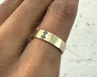 Bold 14K Solid Gold Cigar Chevron Ring – Unique Black Diamond Prong Setting Wedding Band & Engagement Stackable Ring for Her