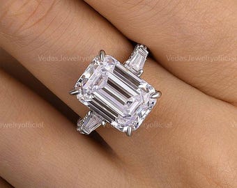 Three Stone Emerald Cut Moissanite Engagement Ring Solitaire Moissanite Wedding Ring Three Stone Emerald Side Baguettes Cut Anniversary Ring