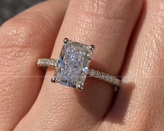 3.10 Ct Radiant Moissanite Engagement Ring: Pave Diamond Hidden Halo, Sterling Silver