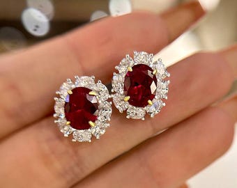Ruby Halo Moissanite Stud Earrings: 925 Sterling Silver, 4.00 TCW