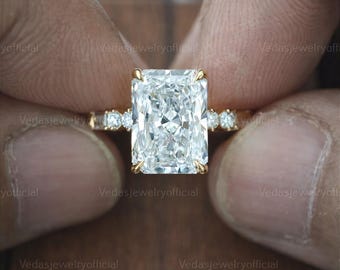 Radiant Cut 3.50 CT Lab Grown Diamond Engagement Ring, Hidden Halo, Baguette & Round Diamonds with Pavé Band, Elegant Proposal Gift