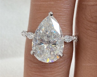3 Ct Pear Shaped Moissanite Engagement Ring, Pear Solitaire Ring With Marquise Accent Ring, Invisible Hidden Halo Moissanite Ring