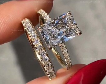 3 CT Radiant Cut Moissanite Wedding Ring Set, Unique Hidden Halo Bridal Ring Set, Bridal Ring With Single Band, Pave Ring Set Gift For Her