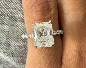 Elongated Radiant Cut Moissanite Engagement Ring, Radiant Side Stone Marquise & Round Moissanite Ring, Double Hidden Halo Promise Ring