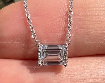 East West Emerald Cut Lab Grown Diamond Pendant, 18K Solid White Gold Necklace, Prong Setting Pendant, Chain Included Dainty Necklace
