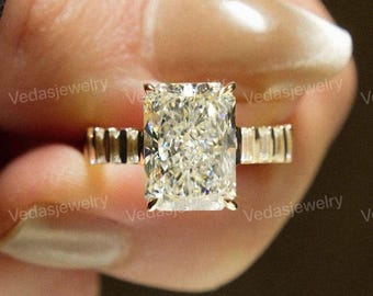 3.5 CT Certified Radiant Cut Lab Grown Diamond Wedding Ring Solitaire Engagement Ring with Thick Band Anniversary Gift Promise Ring for Her