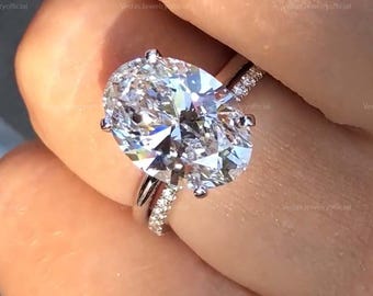 4 CT Oval Engagement Ring Set, Oval Moissanite Bridal Ring Set, Handmade Moissanite Ring, Stimulated Diamond Ring, Oval Solitaire Ring Set