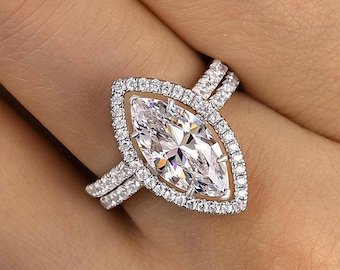 3ct Marquise Moissanite Bridal Set 2pcs Moissanite Cage Ring Unique Marquise Engagement Ring White Gold Wrap Ring Vintage Style Antique Boho