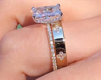 3.50 CT Radiant Cut Moissanite Wedding Ring Set Radiant Cut Bridal Ring Set Matching Wedding Band Solid Gold Anniversary Gift For Brides