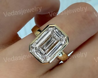 4 Carat E-VVS2 Emerald Cut Lab Grown Diamond Bezel Set Solitaire Engagement Ring in 14k Yellow Gold / Stylish IGI Certified Engagement Ring