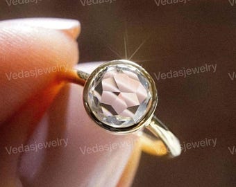 Rose Cut Diamond Engagement Ring for Women, 1.50 CT Round Rose Cut Lab Grown Diamond Ring, Solitaire Ring, Vintage Style Open Gallery Ring