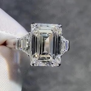 Beautiful 5.00 Carat Emerald Cut Lab Grown Diamond Ring / Three Stone Engagement Ring Side Trapezoid / Trilogy Diamond Ring / IGI Certified