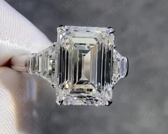 Beautiful 5.00 Carat Emerald Cut Lab Grown Diamond Ring / Three Stone Engagement Ring Side Trapezoid / Trilogy Diamond Ring / IGI Certified